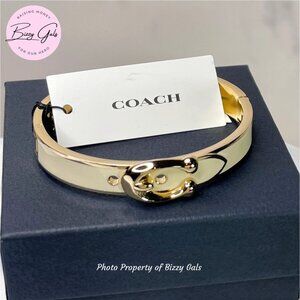 COACH Buckle Bangle Bracelet SIGNATURE C Gold Plated & Chalk Enamel Hinged